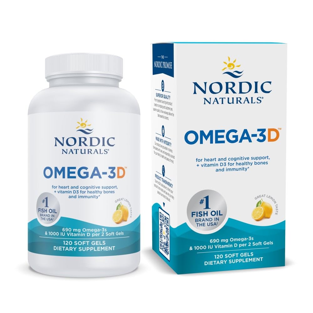 Nordic Naturals אומגה 3D, Lemon Flavor - 120 Soft Gels - 690 מ"ג אומגה 3 + 1000 IU ויטמין D3 - שמן דגים - EPA & DHA - תמיכה חיסונית, המוח והבריאות, עצמות בריאות - non-GMO - 60 משרתים
