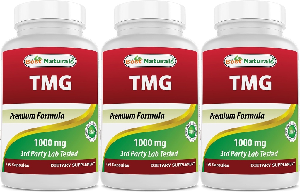 Best Naturals TMG Trimethylglycine (כמו Betaine Anhydrous) 1000 מ"ג לשרת - 120 קפסולות - רמות Homocysteine ו- Methylation Support (120 Count (Pack of 3))