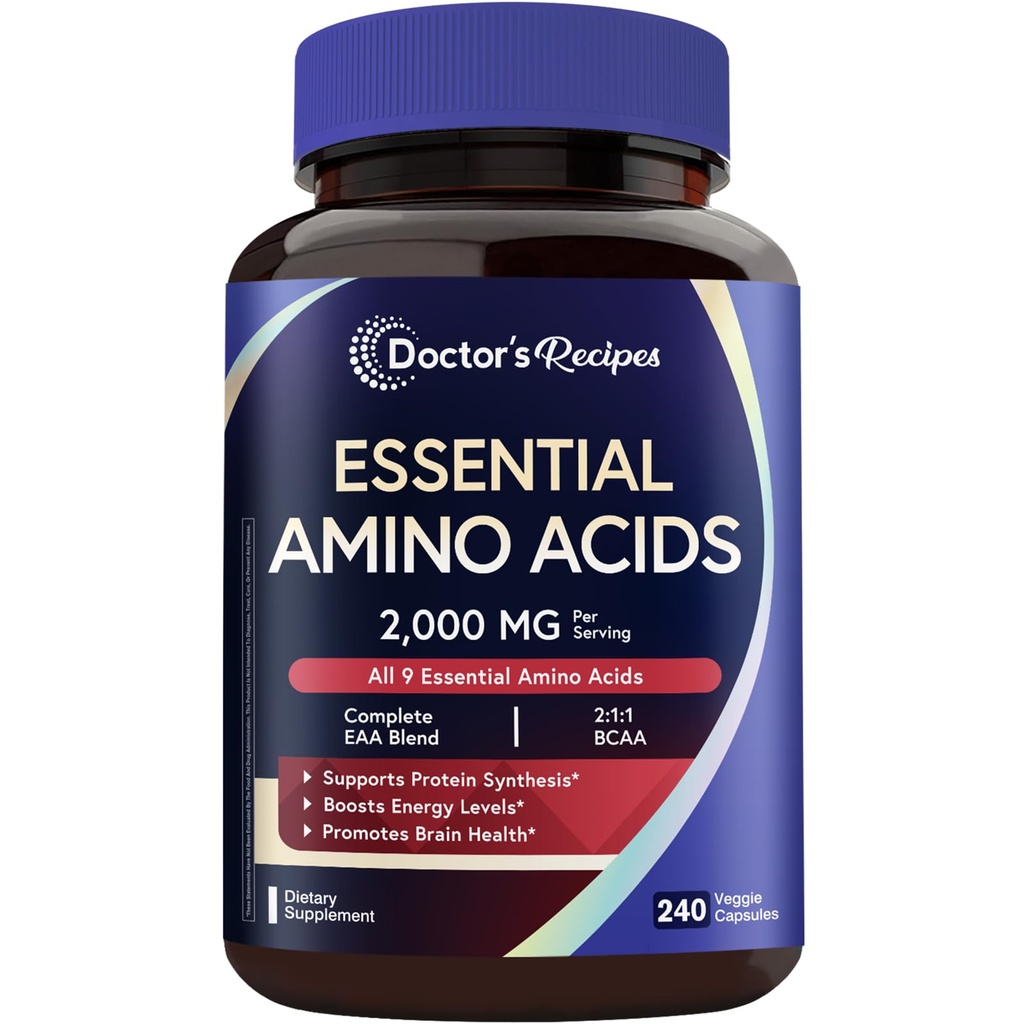 המתכון של דוקטור הוא Essential Amino Acids תוסף, All 9 Essential Amino Acids (EAA), BCAA 2:1, 240 קפסולות Veggie