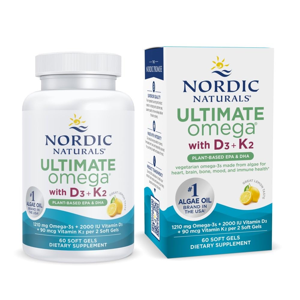 Nordic Naturals Ultimate אומגה Plant מבוסס ויטמין D3+K2-60 וצמחוני Soft Gels - 1210 מ"ג אומגה 3s Plus 2000 IU D3 ו 90 mcg K2 - מקדם בריאות המוח - Non GMO - 30 משרתות