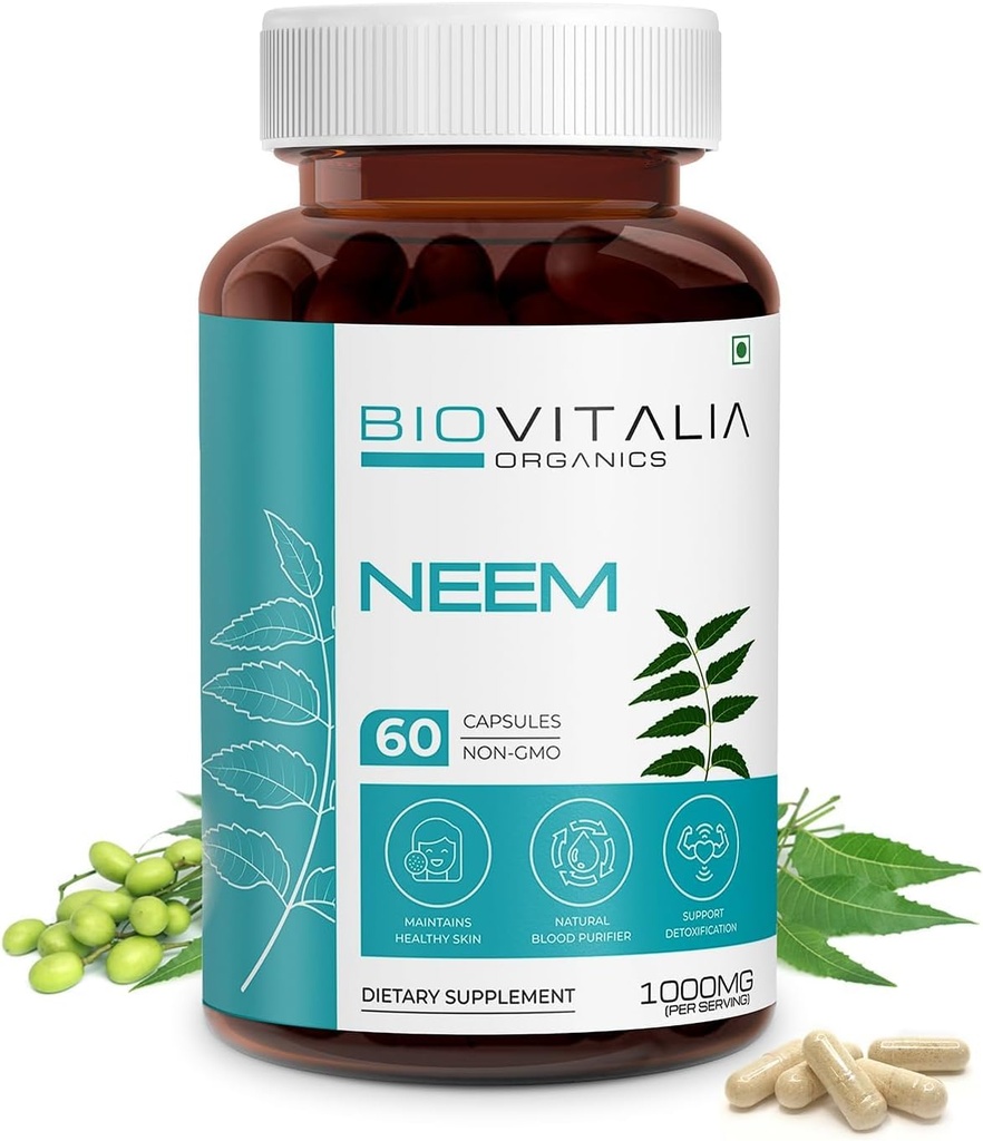 Biovitalia Plant Based Neem 1000 מ"ג קפסולת לגברים ונשים | תוספי תזונה | תמיכה בריאה וקידום Detoxification - 60 קפסולות טבעוניות