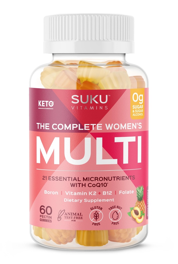 SUKU Vitamins - Complete Women's Multi - with Boron, Vitamin K2, B12, A and More for Women Health - Easy to Chew - Non GMO, Gluten Sugar Free - Pineapple & Peach Flavored Gummy Vitamins, 60 Count