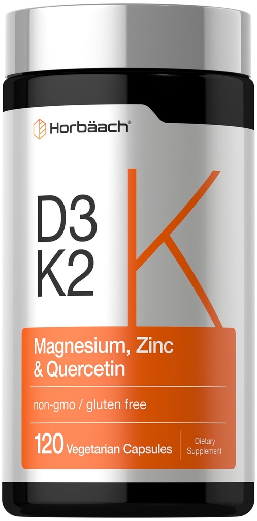 Horbäach ויטמין D3 K2 | 5000 IU D3 | 120 קפסולות | עם Magnesium, Zinc, & Quercetin | Vegetarian, non-GMO, Gluten Free Supplement