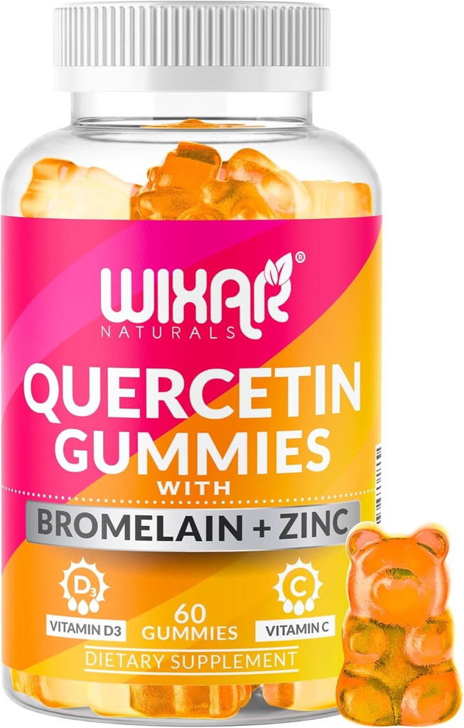 Quercetin Gummies - Quercetin 500 מ"ג עם Bromelain, Zinc, ויטמין C & D3 - Quercetin Gummy Supplements for Immune Support and Allergy - Immunity Booster ויטמינים - 60 Chewable