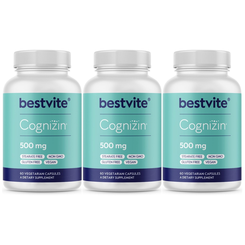 BestVITE Cognizin Citicoline 500 מ"ג (180 קפסולות צמחוניות) (60x3) - קלינית למד Premium Choline Nootropic - No Stearates - טבעוני - Gluten Free - תוספי המוח עבור זיכרון ו Focus