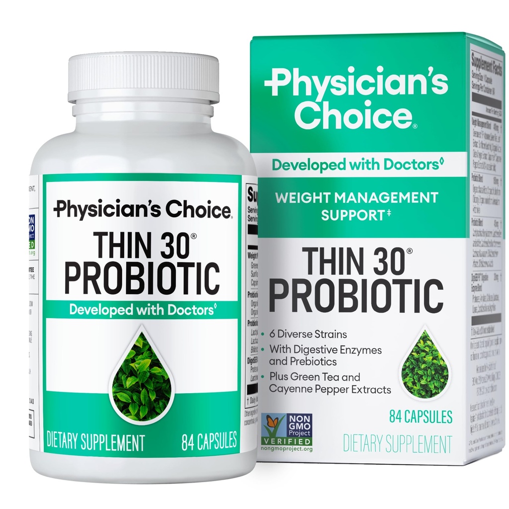 Physician's CHOICE Probiotics for Weight Management & Bloating - 6 Probiotic Strains - Prebiotics - Keyרכיב קייאן - תומך ב- Gut Health - ניהול משקל לנשים וגברים - תה ירוק - 84 CT