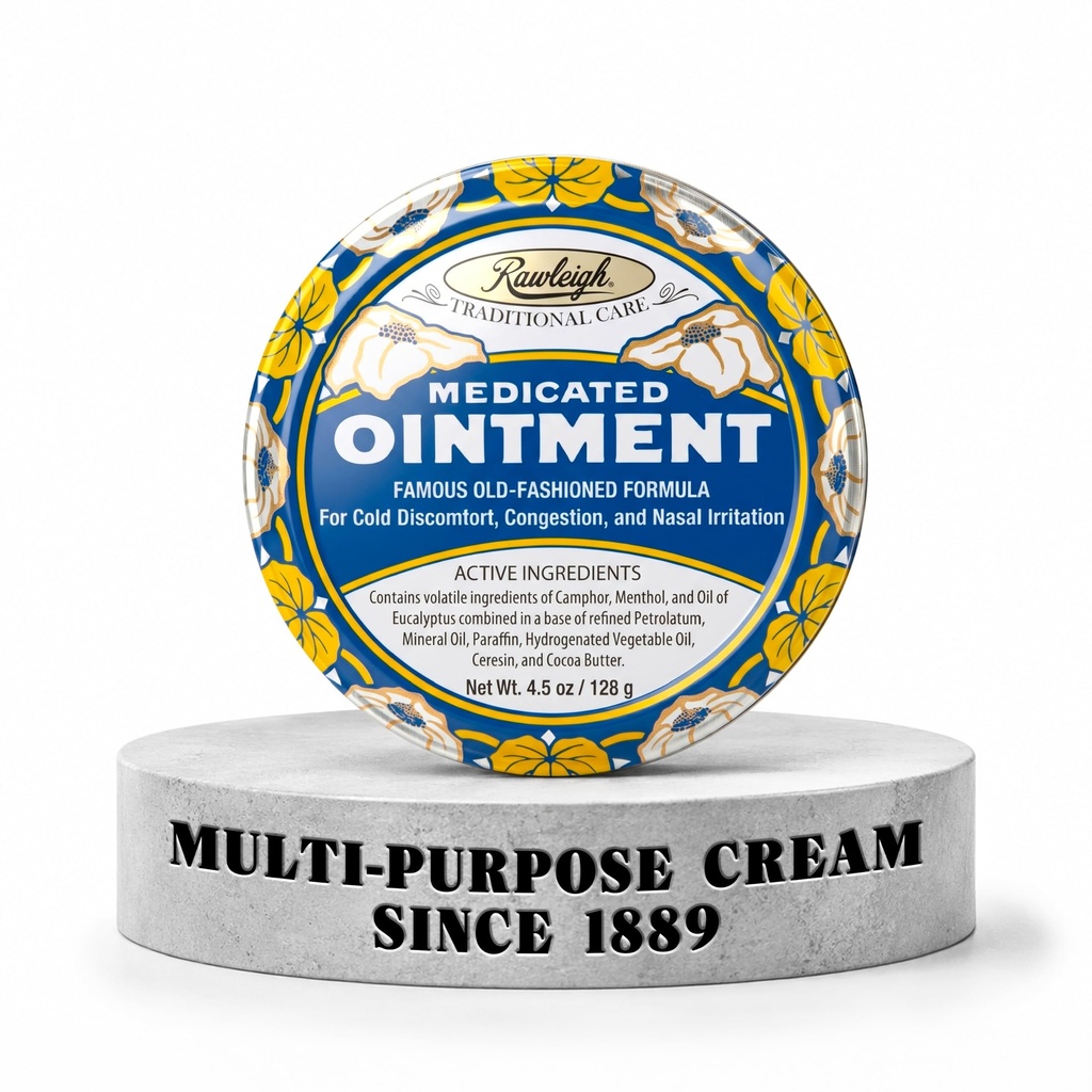 Rawleigh Medicated Ointment: 4.5 oz Blue Tin, מבוגרים וילדים: צ'סטר צ'סט רוב עבור Cold, Nasalונגestion, Small Aches & Pain, עם קמפור, Menthol & Eucalyptus, non-Grlack - חבילת 1