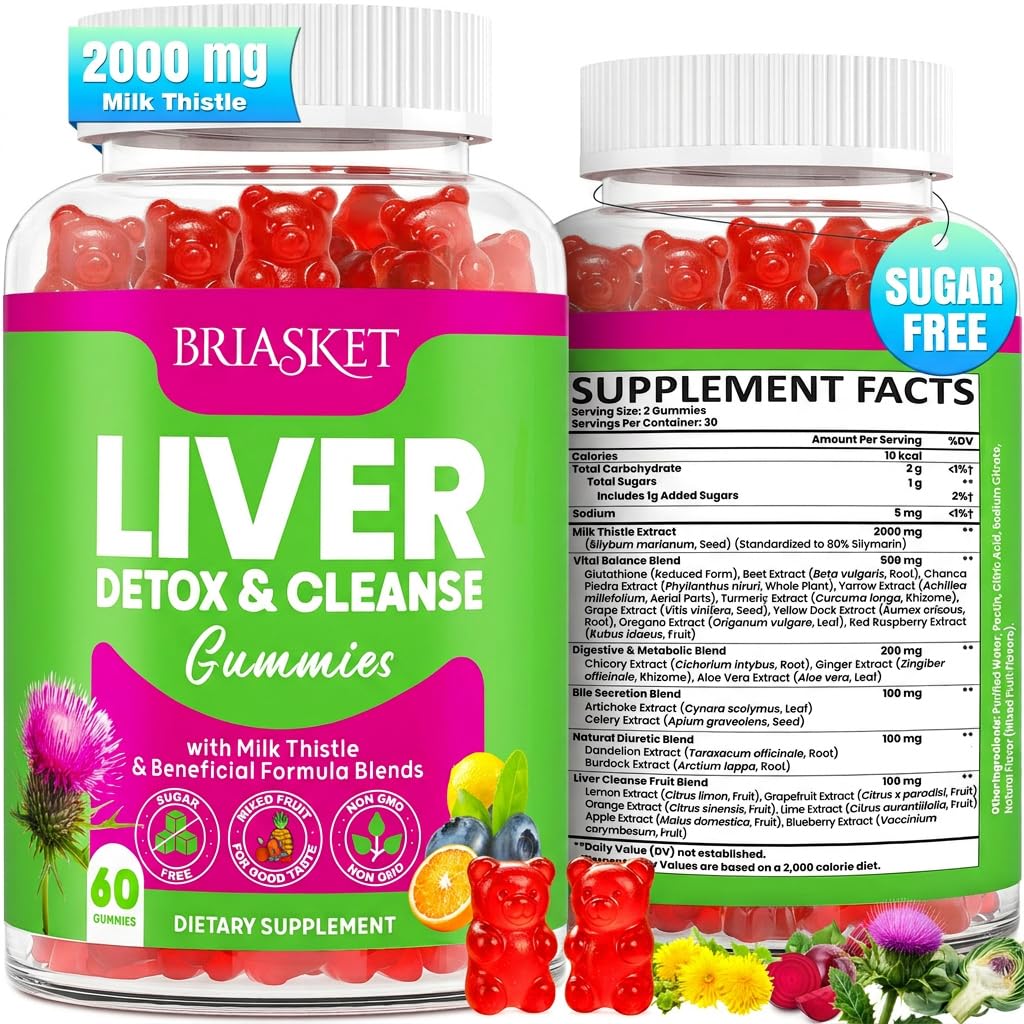 Liver Detox ניקוי ותיקון, 2000 מ"ג חלב Thistle Liver Detox, Liver Support Supplement with Glutathione, Dandelion Root, Turmeric & Artichoke, 23-in-1Herbal for Liver & Gut Health, טבעוני, 60 מסטיק