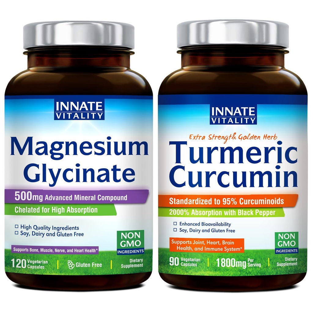 Innate Vitality Magnesium Glycinate & Turmeric Bundle, High Absorption, Joint, השרירים & Nerve בריאות, Black Pepper לחלץ, Bundle & Save, 120 קפסולות ו-90 קפסולות