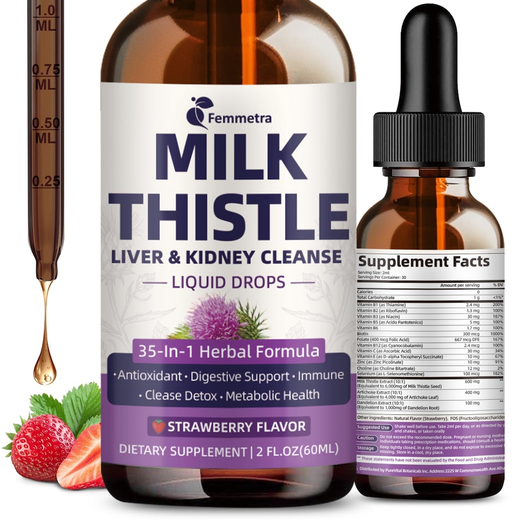 Milk Thistle Extracts for Liver Cleanse Detox & תיקון, 35-IN-1 Kidney תמיכה תוספת עם Artichoke & Dandelion for Urinary Tract, Bladder, טבעוני, non-GMO, סטרובידור, 2 FL OZ