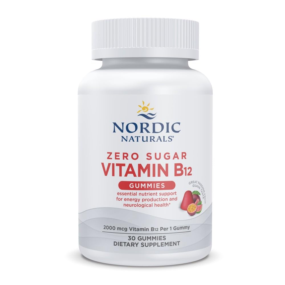 Nordic Naturals Zero Sugar ויטמין B12 חניכיים - 2000 mcg ויטמין B12 לחניכיים, תשוקה פירות Guava Flavor - 30 חניכיים, תמיכה תזונתית חיונית לייצור אנרגיה ובריאות המוח, 30 משרתים