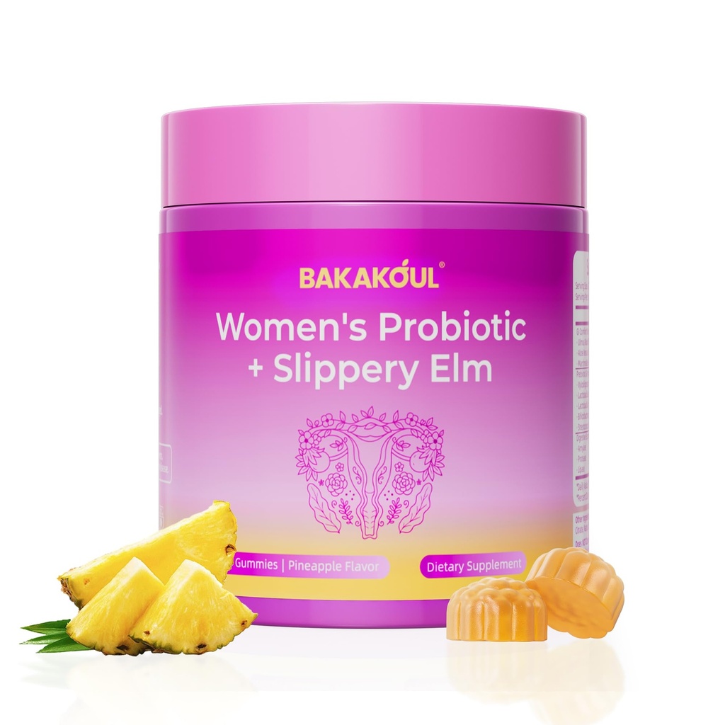 BAKAKOUL Feminine Probiotics Gummies for Women, Vaginal Probiotics with Slippery Elm,Prebiotics & Probiotics Supports pH Balance,Immune Health, Vegan, Non-GMO, Pineapple Flavor,60 Gummies 1 Pack