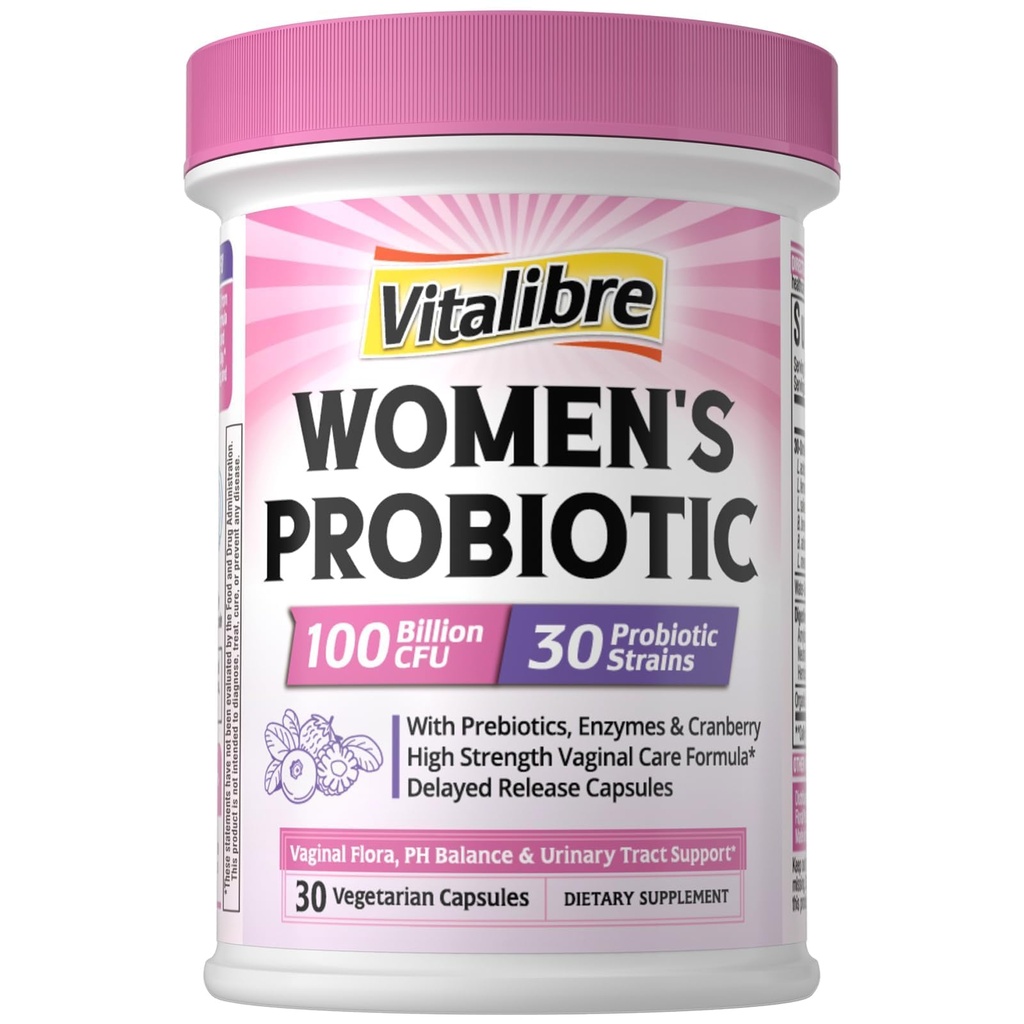 Vitalibre Probiotics for Women 30 Strains, 100 מיליארד CFU Vaginal Probiotics with Digestive Enzymes, Prebiotics & Cranberry עבור Urinary Tract Health, pH Balance, 30 קפסולות Veggie