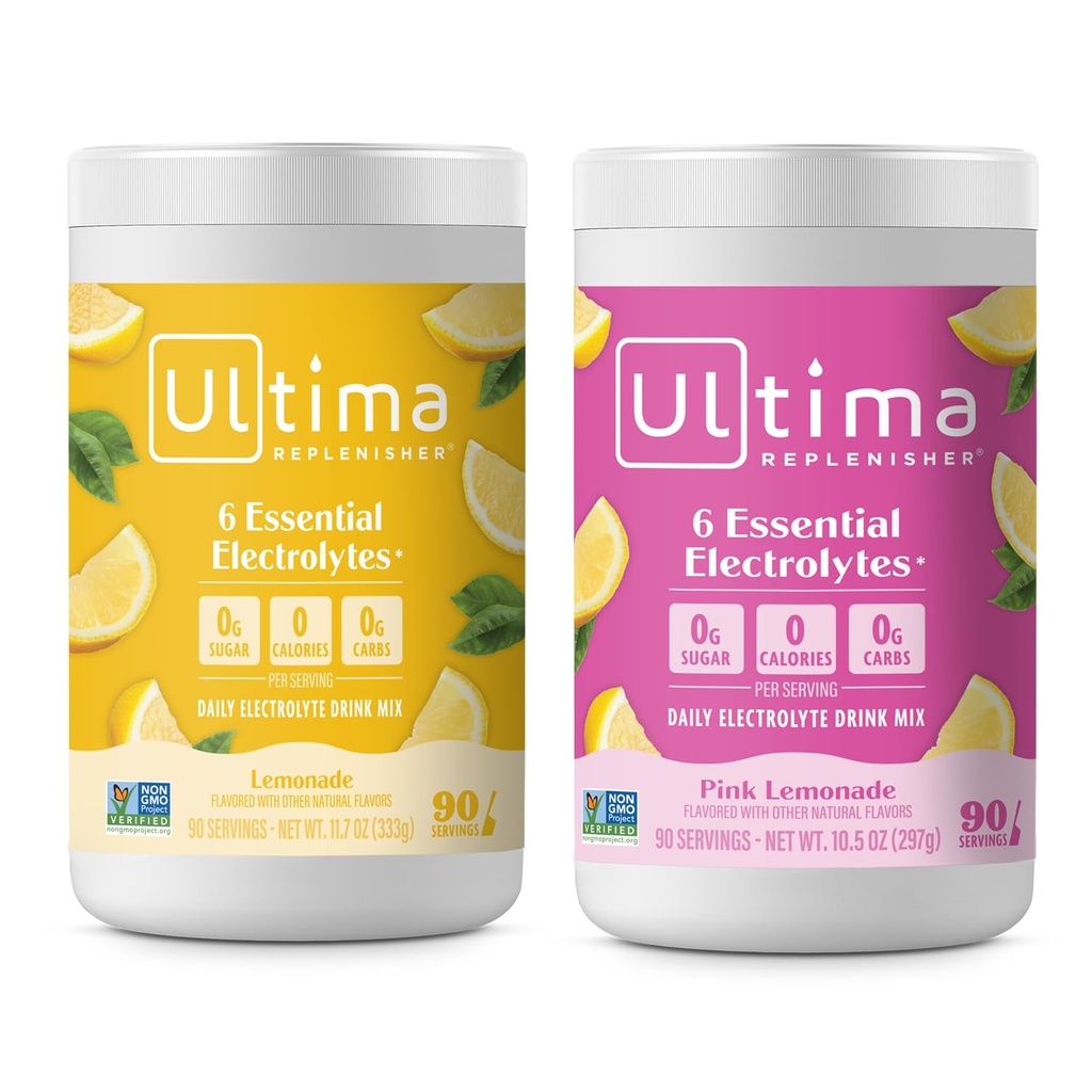 Ultima Replenisher Electrolyte אבקת לשתות Mix Bundle - סוכר חינם - Lemonade ורוד Lemonade, 90 משרתים - אבקת הידרה - 6 אלקטרוליטים מפתח ו- Trace מינרלים - Keto Friendly, non-GMO