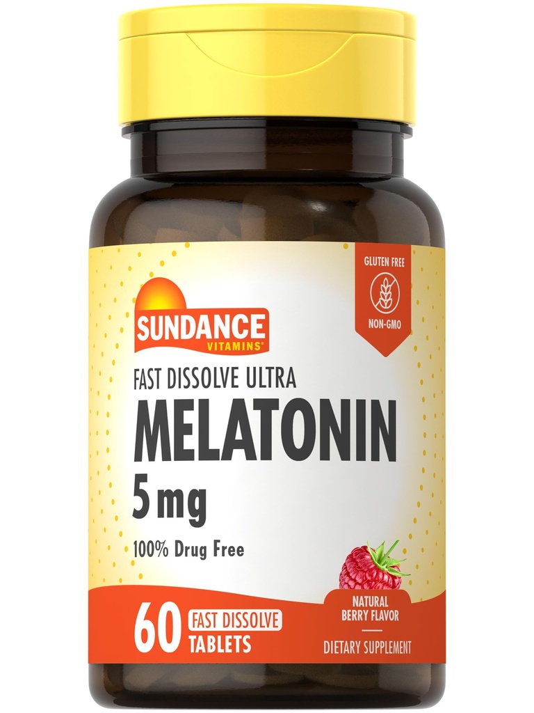 Sundance Melatonin 5mg Fast Dissolve Tablets | 60 Count | Natural Bre Flavor | Vegetarian, non-GMO ו- Gluten Free Supplement