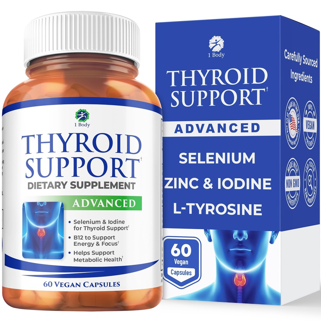 1 גוף Thyroid תומך תוספת לנשים וגברים, Selenium עם Iodine, Zinc, B12, Ashwagandha ו L-Tyrosine, תומך בריאות הורמונים, אנרגיה ומטבוליזם, 30 יום אספקה