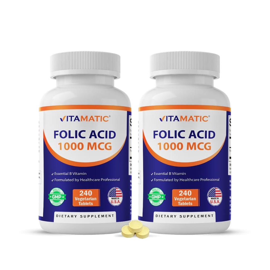 Vitamatic Folic Acid 1000 mcg (1 מ"ג) - 240 טבליות צמחוניות (Pack of 2) 1667 mcg DFE - ויטמין B9 for Prenatal, Heart & Health Cell