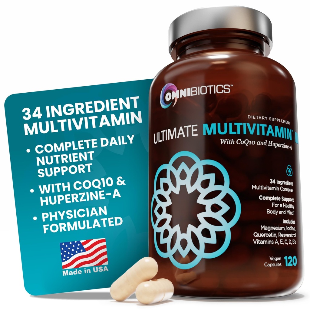 OmniBiotics Ultimate Daily Multivitamin for Women & Men - 34 רכיבים חיוניים כולל ויטמין A, C, D, E, B6, B12, Biotin, Zinc - 120 קפסולות טבעוניות
