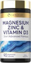 Carlyle Magnesium Zinc ווויטמין D3 | 90 קפסולות | 3in-1 מתקדם פורמולה