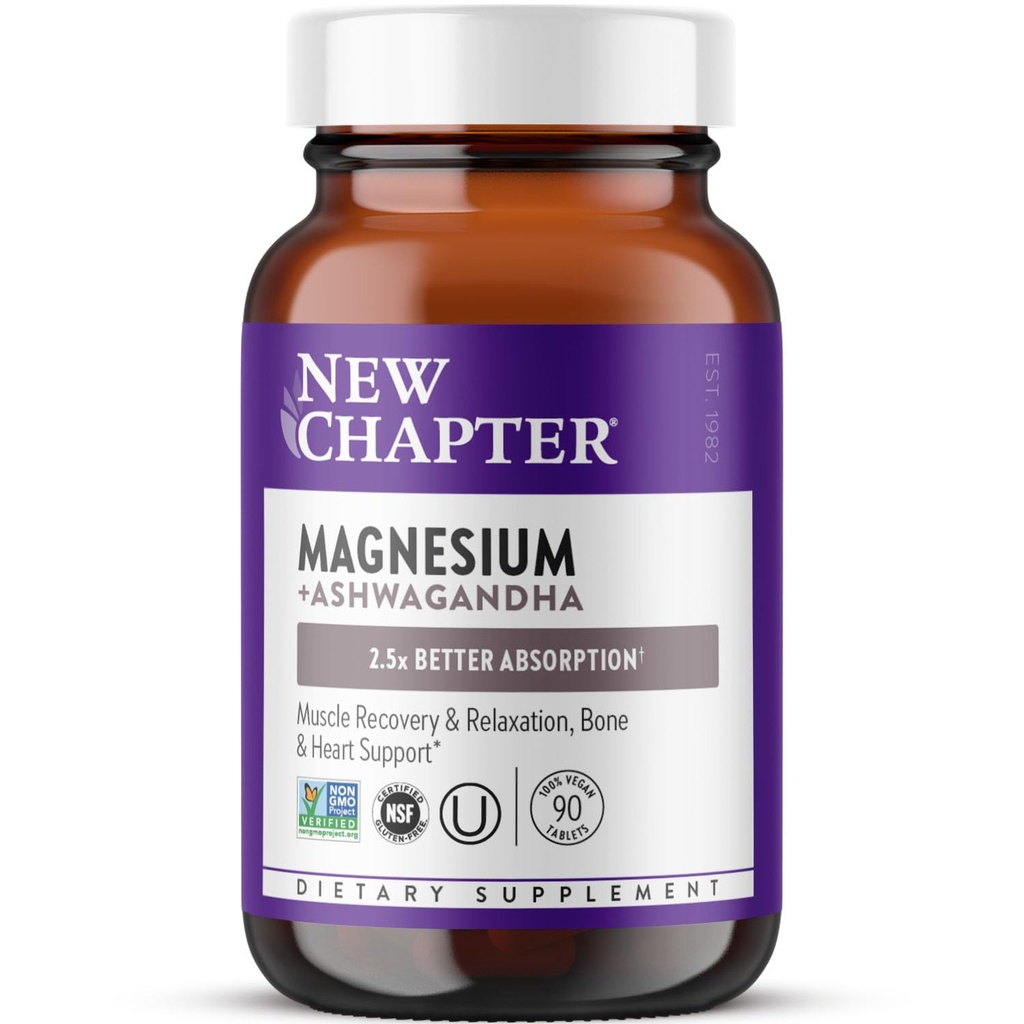 New Chapter Magnesium + Ashwagandha תוסף, 325 מ"ג עם Magnesium Glycinate להרגעת השרירים & Recovery, Heart, Nerve & Bone Health, 2.5X Absorption, Non-GMO - 90 ct (3 חודשים אספקה)