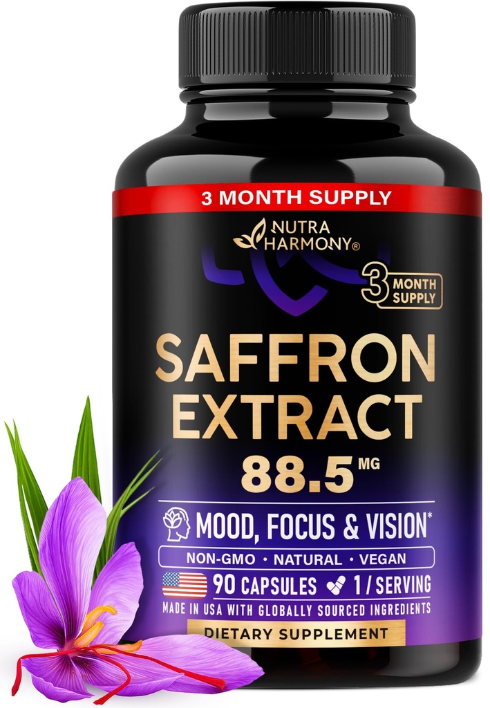 תוספי Saffron טבעיים - טהור Saffron לחלץ 88.5 מ"ג - המיוצר בארה"ב - Mood | Focus | אנרגיה תמיכה - בריאות העין לנשים וגברים - גלולות טבעוניות nonGMO - 90 קפסולות אבקה, 3 חודשים אספקה