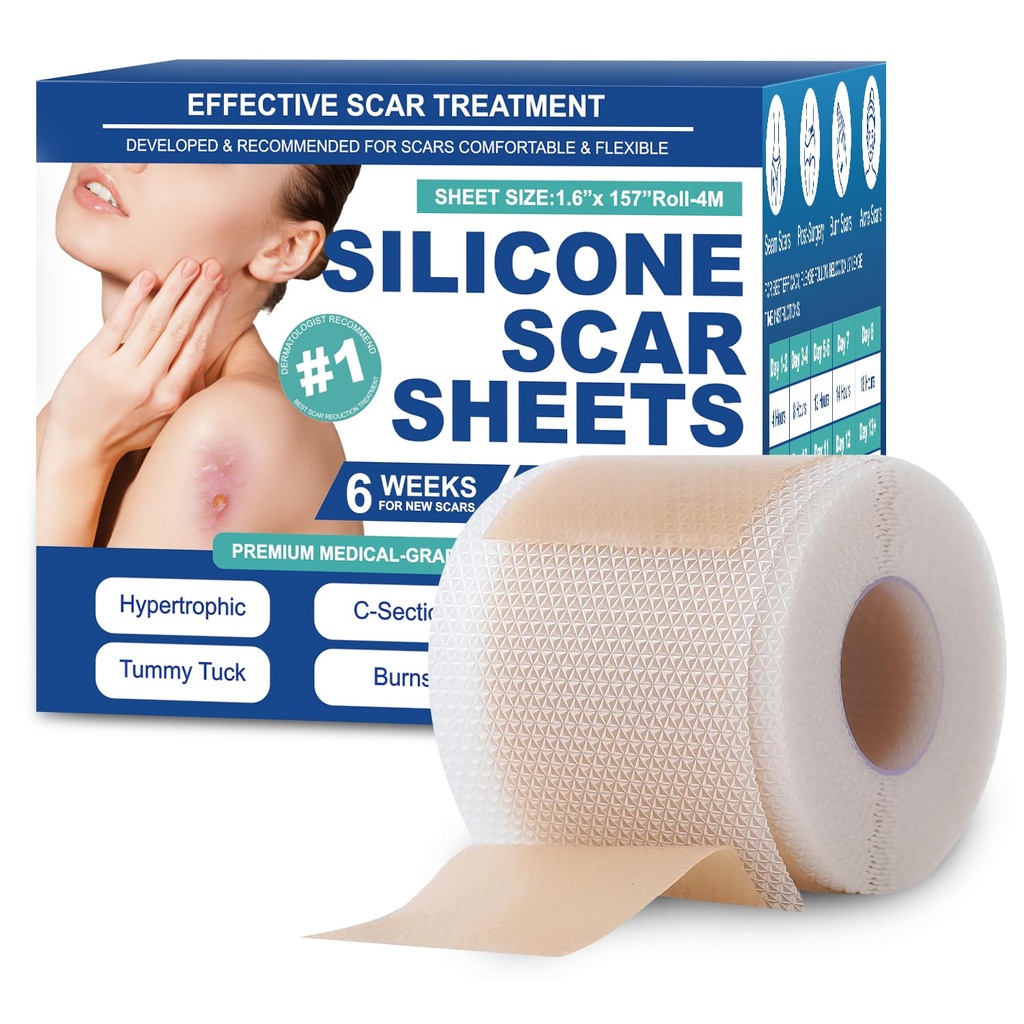 Silicone Scar Sheets, Silicone Scar Tape(1.6"x 158" Roll-4 meters), Silicone Scar Sheets for Surgical Scars, Scar Tape for Surgical, C-Section, Burn, Hypertrophic & Keloid Scars