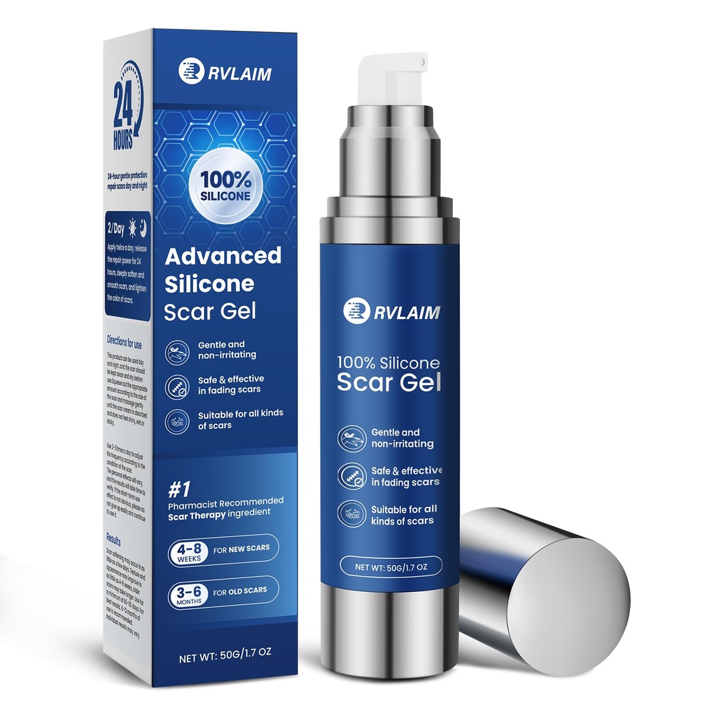 Rvlaim 100% Silicone Scar Gel Scar Cream, Advanced Silicone Gel for Removal of Surgical, Burns, Acne Scar, Old and Recent Scars and Stretch Marks, 1.7 oz/50ml