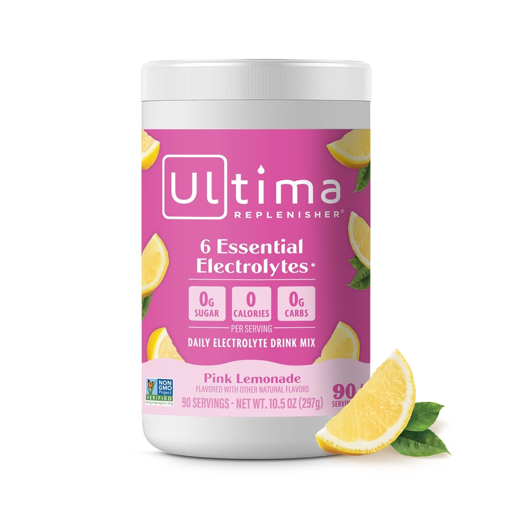 Ultima Replenisher Daily Electrolyte אבקת משקאות Mix - סוכר חינם - פינק Lemonade, 90 משרת - אבקת הידרה עם 6 Key Electrolytes ו- Trace מינרלים - Keto Friendly, טבעוני, non-GMO
