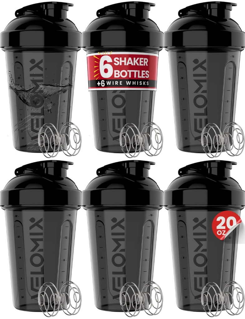 VELOMIX -6 גביעי PACK- Shaker לחלבון Shakes 20 oz - 6x Wire Whisk | Leak Proof חלבון Shaker בקבוק עבור חלבונים, Shaker Bottle Pack for Pre & Post Workout, Shaker Cup (ALL IN BLACK)