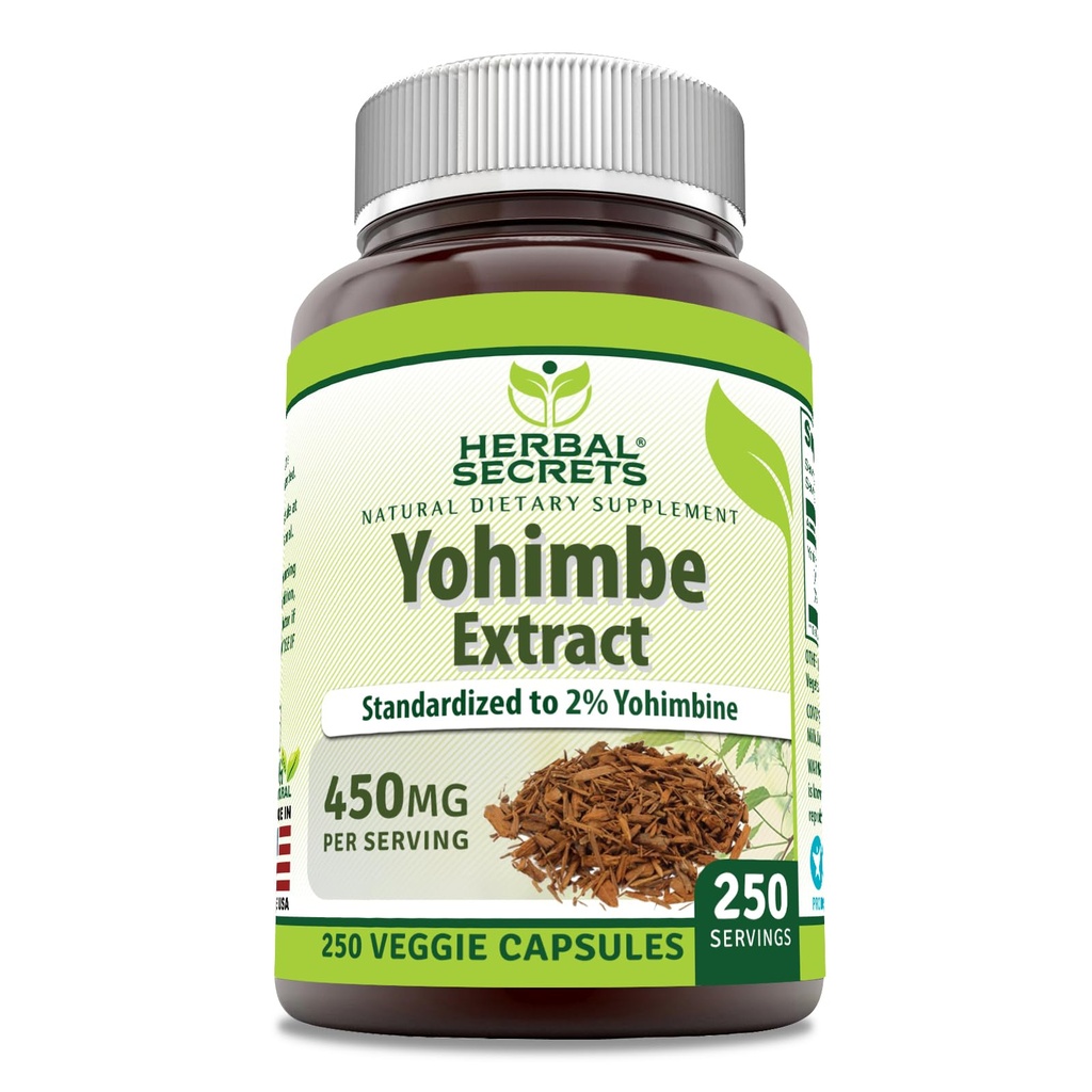 סודות צמחיים Yohimbe לחלץ 450 מ"ג תוספת; Veggie קפסולות | Non-GMO | Gluten Free | Made in USA (1 Pack, 250 Count)