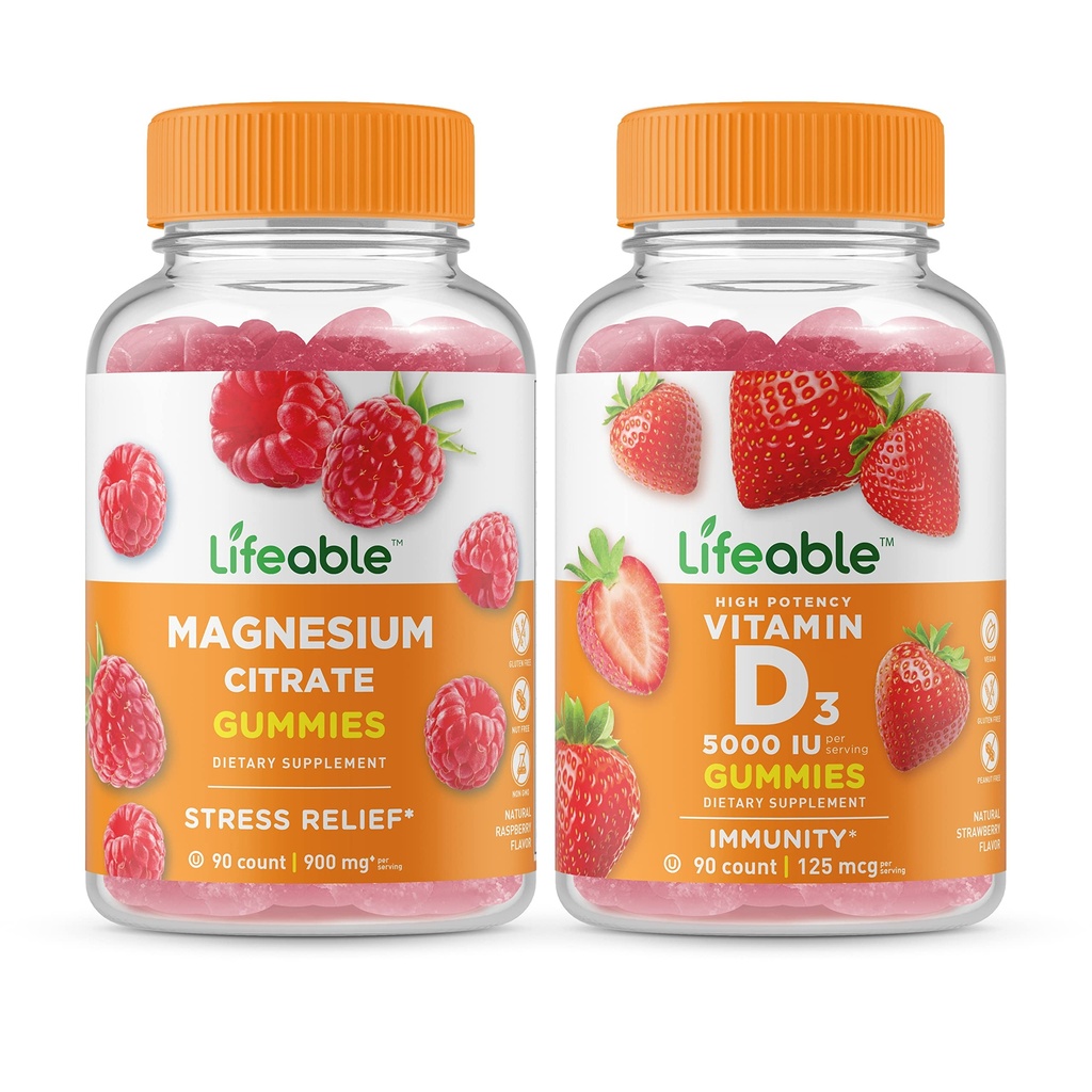 Magnesium + ויטמין D 5000 IU, חניכיים Bundle - גדול Tasting, ויטמין תוסף, Gluten חינם, GMO חינם, Chewable Gummymymymy