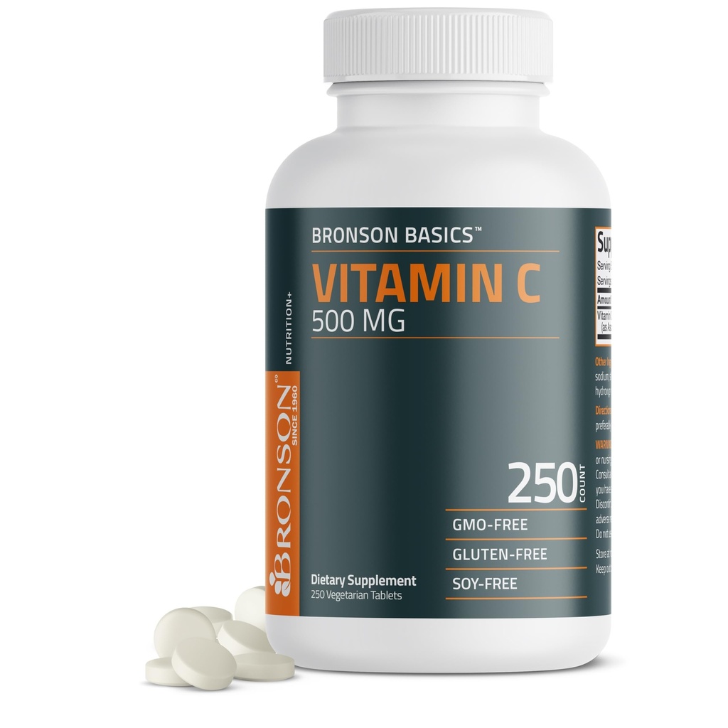 Bronson ויטמין C 500 MG תומך במערכת חיסון בריאה והגנה מפני חמצון, Non-GMO, 250 טבליות צמחוניות