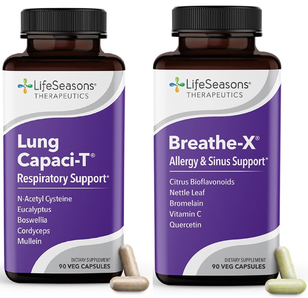 Life Seasons Breathe-X עם Lung Capaci-T - Allergy & Respiratory Support - Fast Acting Sinus Relief - מגביר את יכולת החמצן ומפחית את Mucus - 180 קפסולות