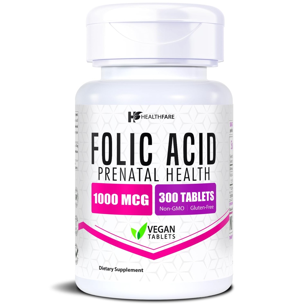 Healthfare Folic Acid 1000mcg | 300 טבליות Veg | ויטמין B9 | Gluten-Free | Non-GMO | Made in USA