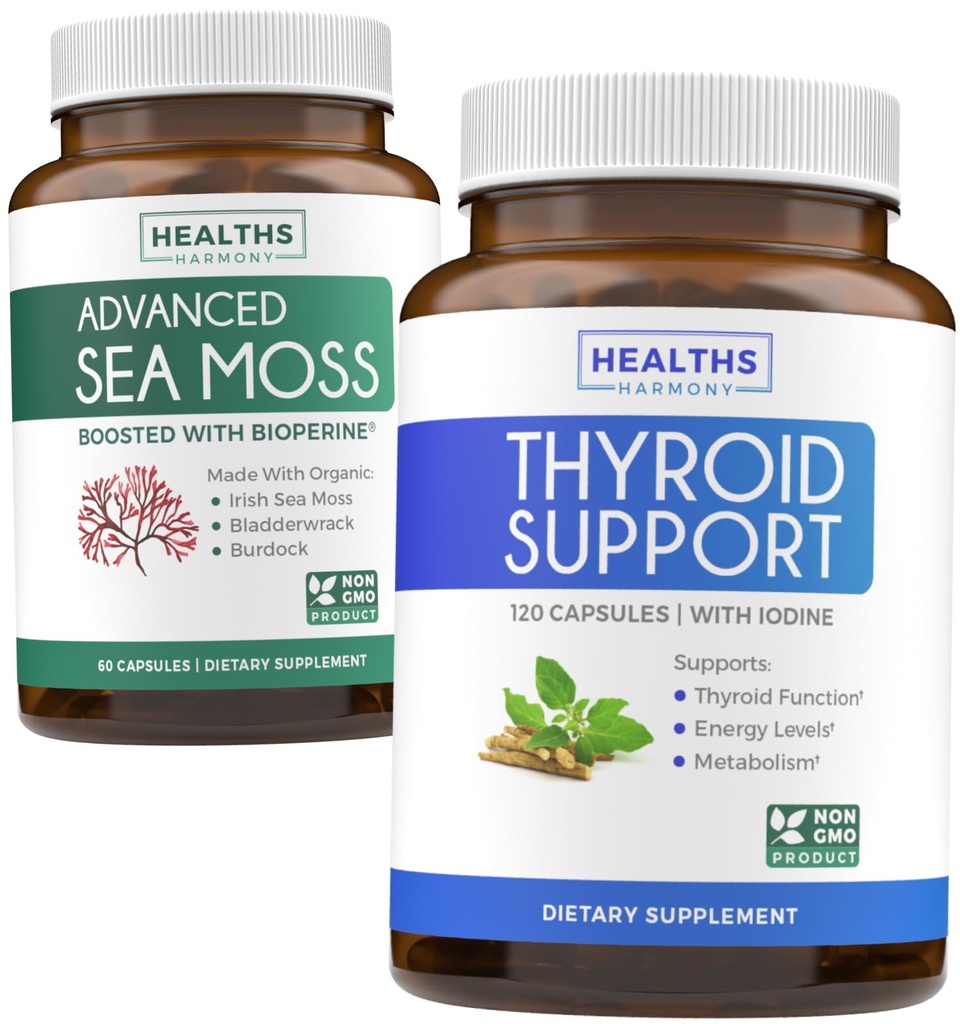 Bundle of Thyroid Support & Sea Mos - Sea Moss Thyroid Care Pack - התמיכה Thyroid עם Iodine (120 Caps) & Irish Sea Mosss כמוסות - Raw Vegan תוסף עם BioPerine (Non-GMO & אורגני)