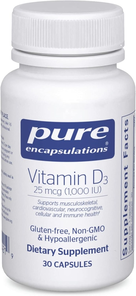 Pure Encapsulations ויטמין D3 25 mcg (1,000 IU) - תוספת לתמיכה העצם, משותף, חזה, לב, קולון & Immune בריאות - עם Premium ויטמין D - 30 קפסולות