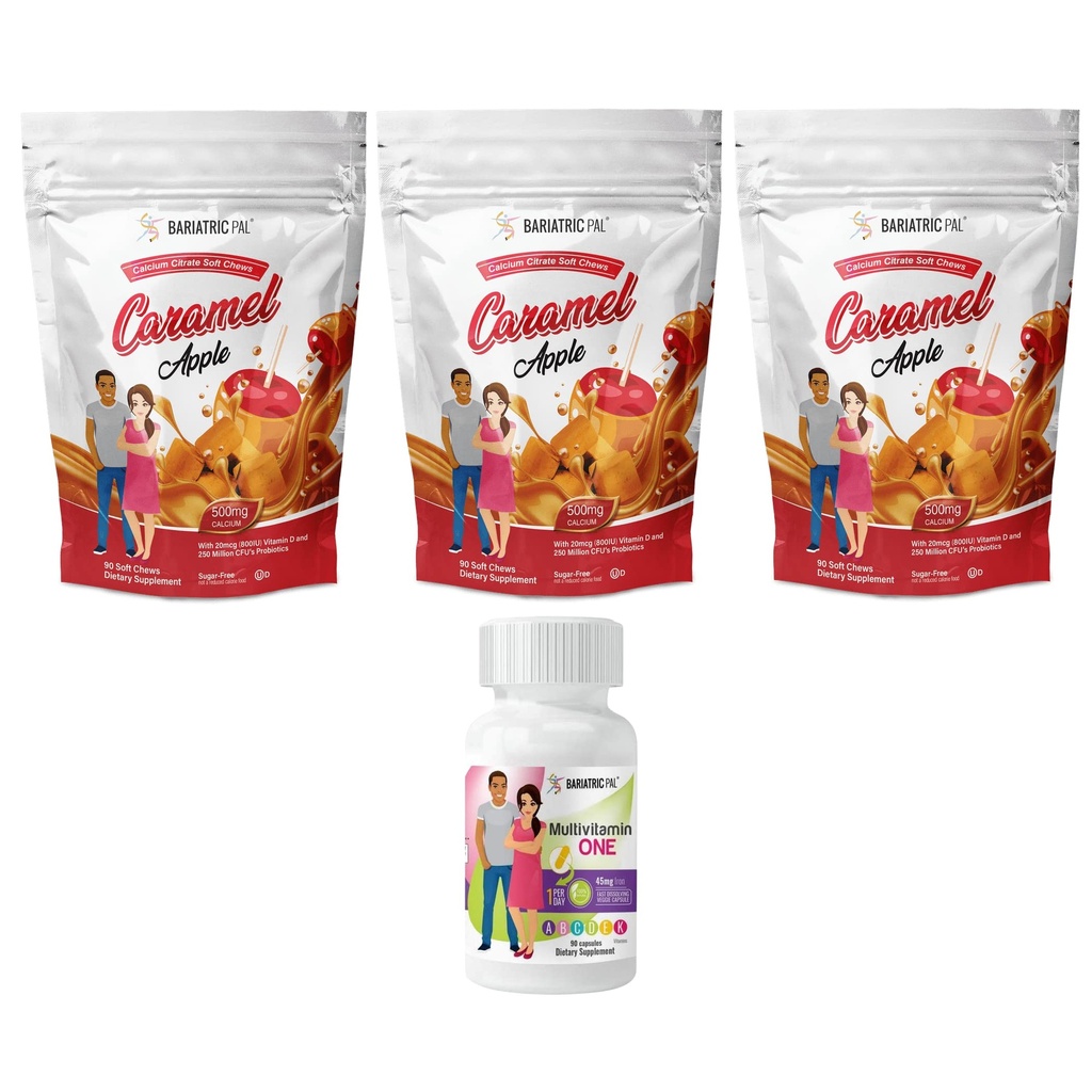 BariatricPal 90-Day Bariatric ויטמין Bundle (Multivitamin One 1 ליום! קפסולה עם 45 מ"ג ברזל ו Calcium Citrate Soft Chews 500 מ"ג עם Probiotics - Carmel Apple