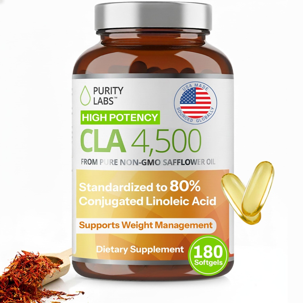 Purity Labs CLA מציעה 4500MG - שמן ללא GMO Sapflower - תומך באנרגיה, ירידה במשקל, בריאות הלב ובריאות השרירים - 180 ג'ל רך