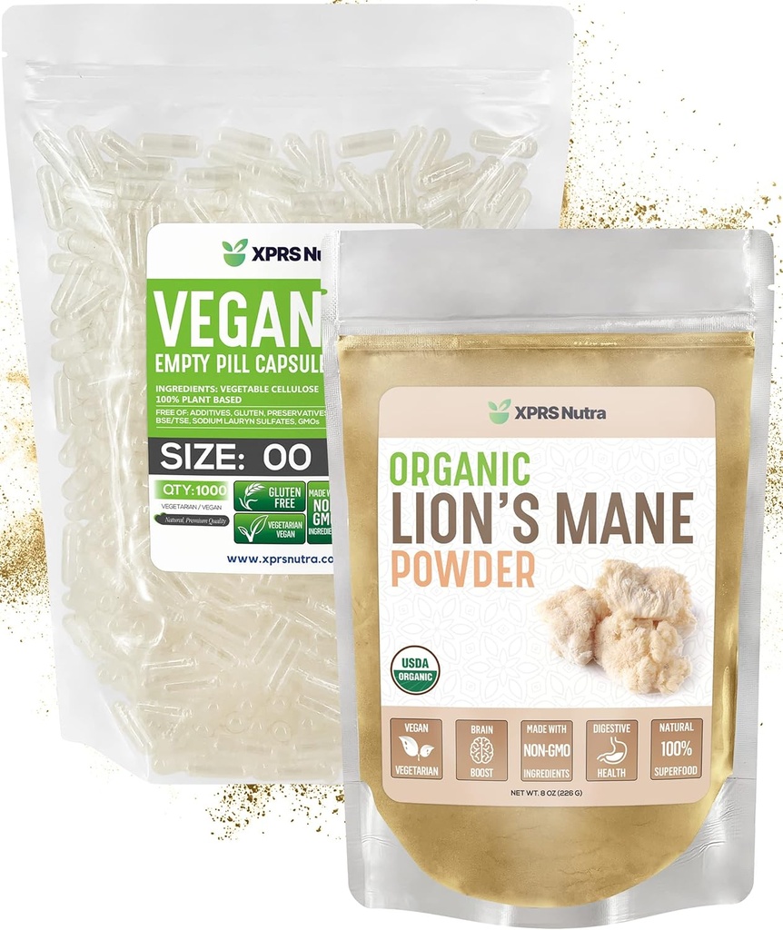 XPRS Nutra Organic Lion's Mane 8 Ounce עם Size 00 קפסולות ריקות תוסף