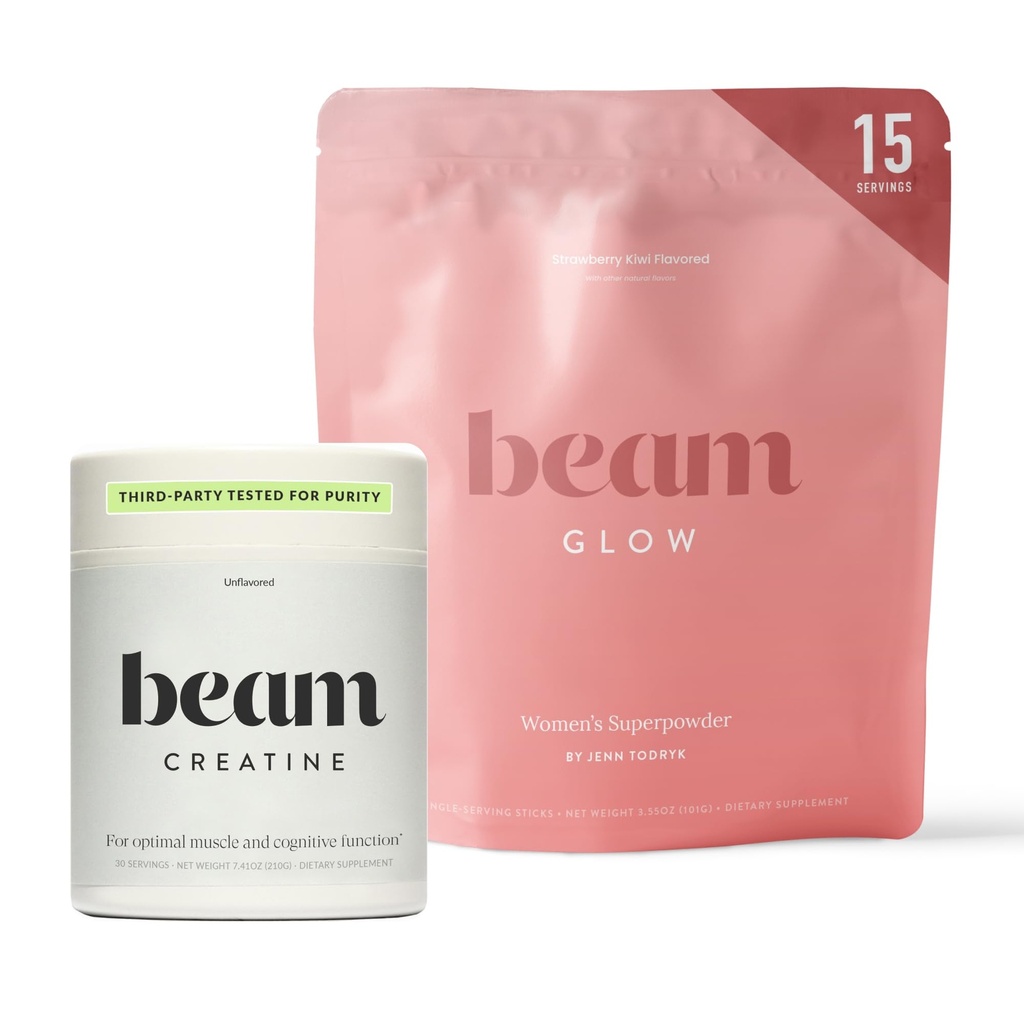 Beam Glow & Creatine Bundle, הורמון, אנרגיה ותמיכה שרירים לנשים, שיער, עור, ציפורניים, הידרציה, טבעוני, No Sugar, צד שלישי נבדק
