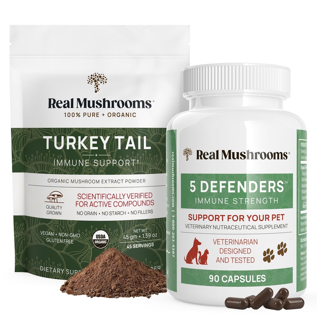 Real Mushrooms טורקיה Tail אבקה עבור בני אדם (45 משרתים) וטורקיה Tail for חיות מחמד (90ct) - אבקה וקפסולות בונדלה לתמיכה בחיסון - טבעוני, Non-GMO, Grain-Free, Gluten-Free