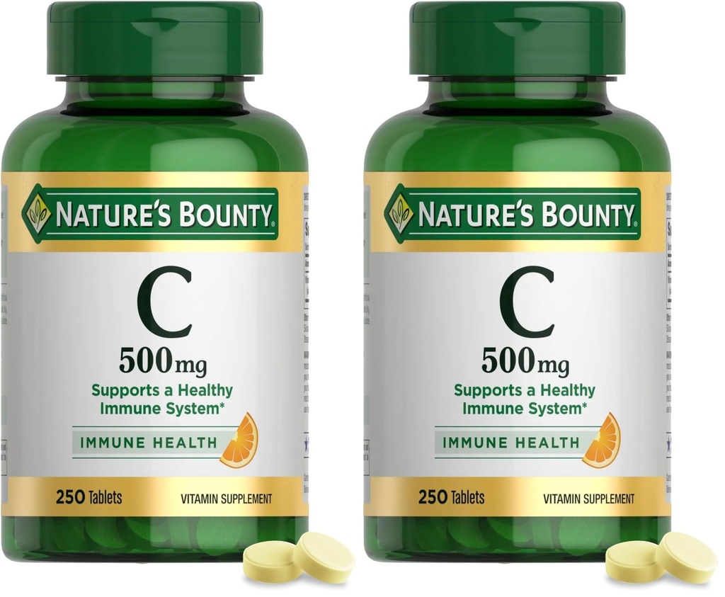 ויטמין C 500 מ"ג של Nature's Bounty ויטמין C 500 מ"ג, מציע מערכת חיסונית בריאה, תוסף ויטמין דייאלי, 250 טבליות צמחוניות (Pack of 2)