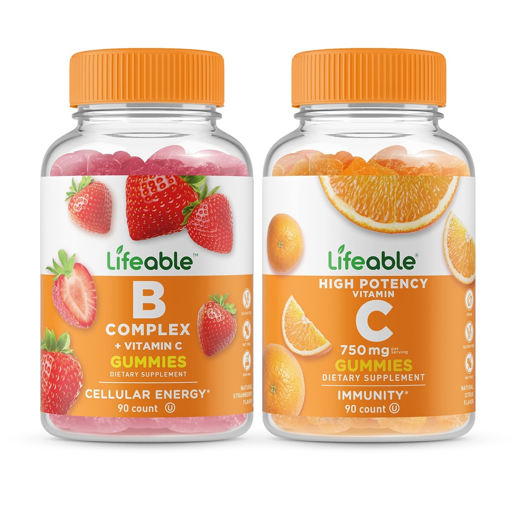 Liveable B Complex + ויטמין C750 מ"ג, חניכיים בונדלה - גדול Tasting, ויטמין תוסף, Gluten Free, GMO חינם, Chewable