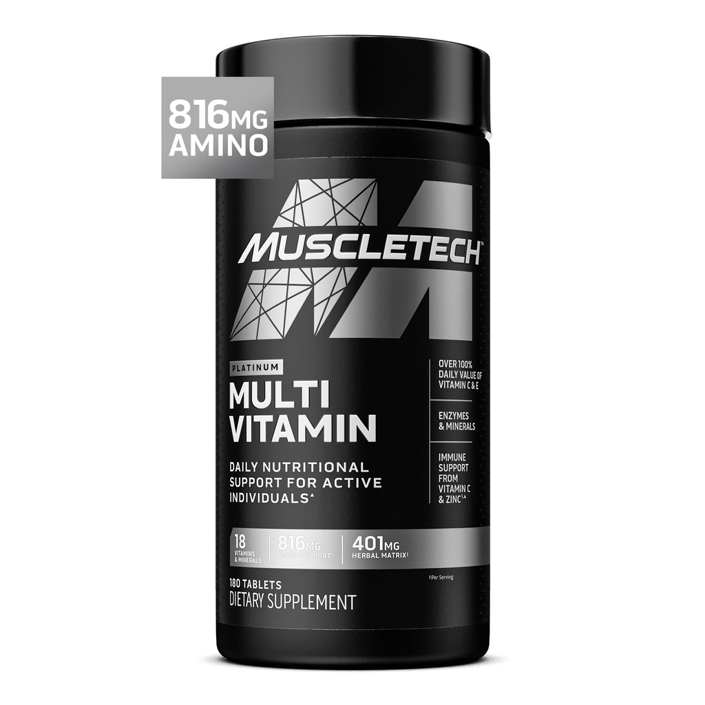 MuscleTech Platinum Multivitamins for Men & Women - Multi-Vitamin Supplement for Immune Support - 18 Vitamins & Minerals, Vitamin A C D E B6 B12 - Daily Workout Supplements for Men - 180 Capsules