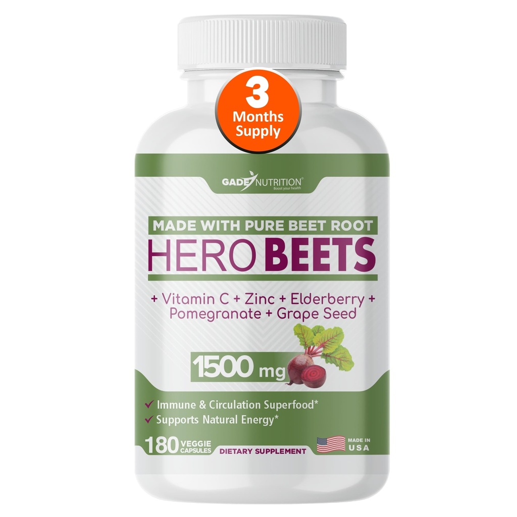 Gade Nutrition Hero Beets - Beet Root כמוסות 1500 מ"ג - אבקת שורש אורגני Beet + ויטמין C Zinc, Elderberry, Pomegranate, Grape Seed Extract - 3 חודשים