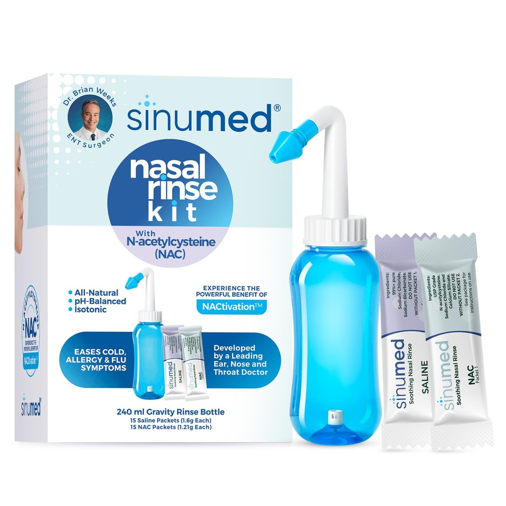 Nasal Rinse & Sinus Rinse Kit, 30PK NAC and Saline Packets with Gravity Sinus Rinse Bottle, Alternative to Neti Pot, Gentle Saline Rinse for Sinus Relief, Clear Breathing for Adults