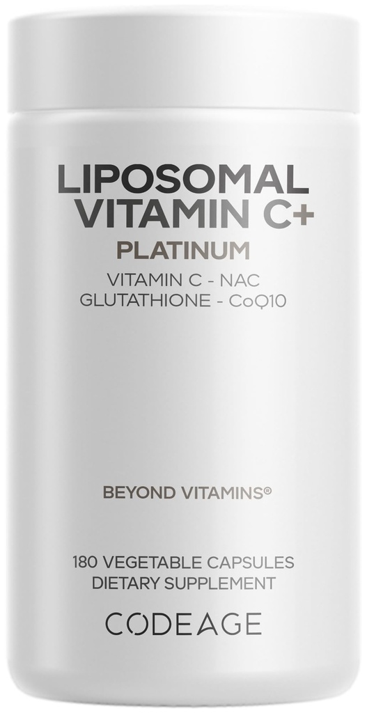 Codeage Liposomal ויטמין C+ Platinum - 1000 Mg ויטמין C, Glutathione, NAC (N Acetyl Cysteine), Resveratrol, CoQ10, Rutin, Elderberry, Quercetin, Rosehip, Citrus bioflavonoids - 180 קפסולות