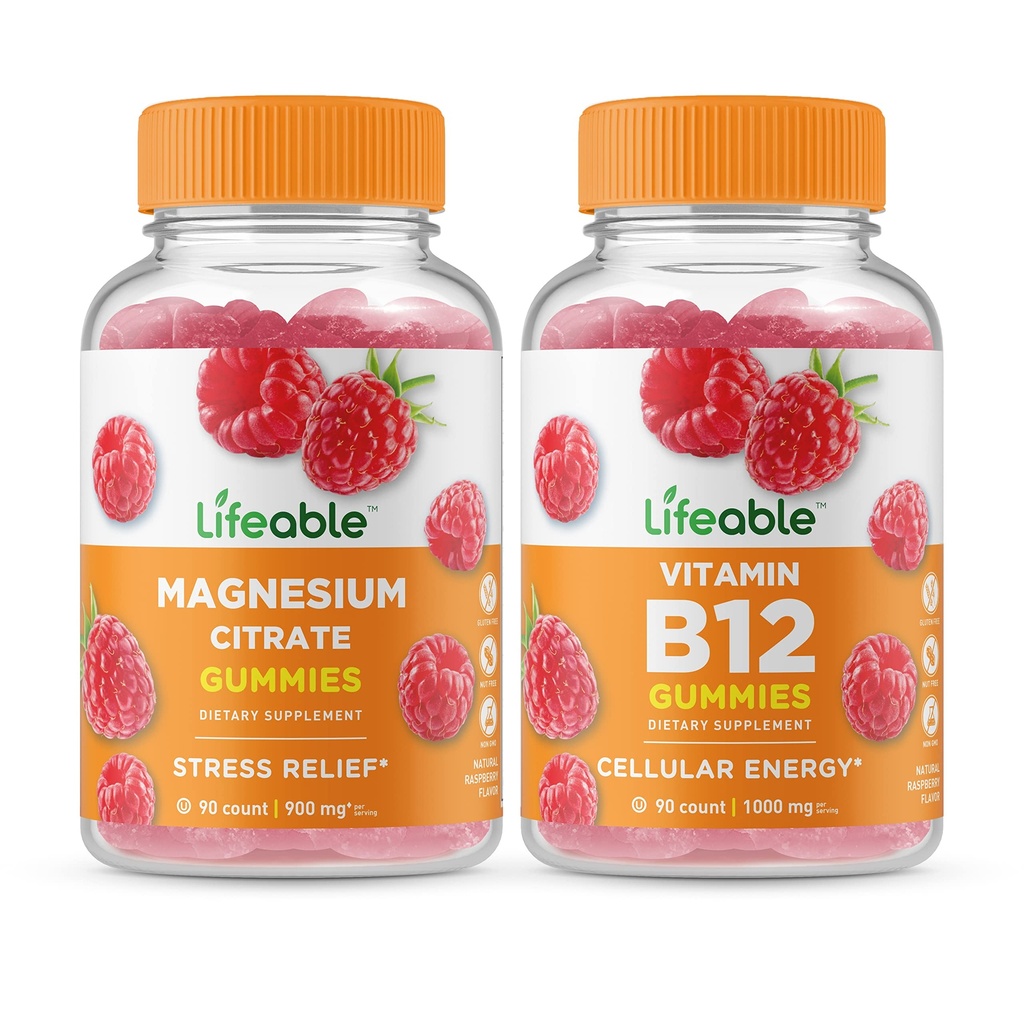 Magnesium + ויטמין B12, חניכיים Bundle - גדול Tasting, ויטמין תוסף, Gluten Free, GMO חינם, Chewable Gummymy