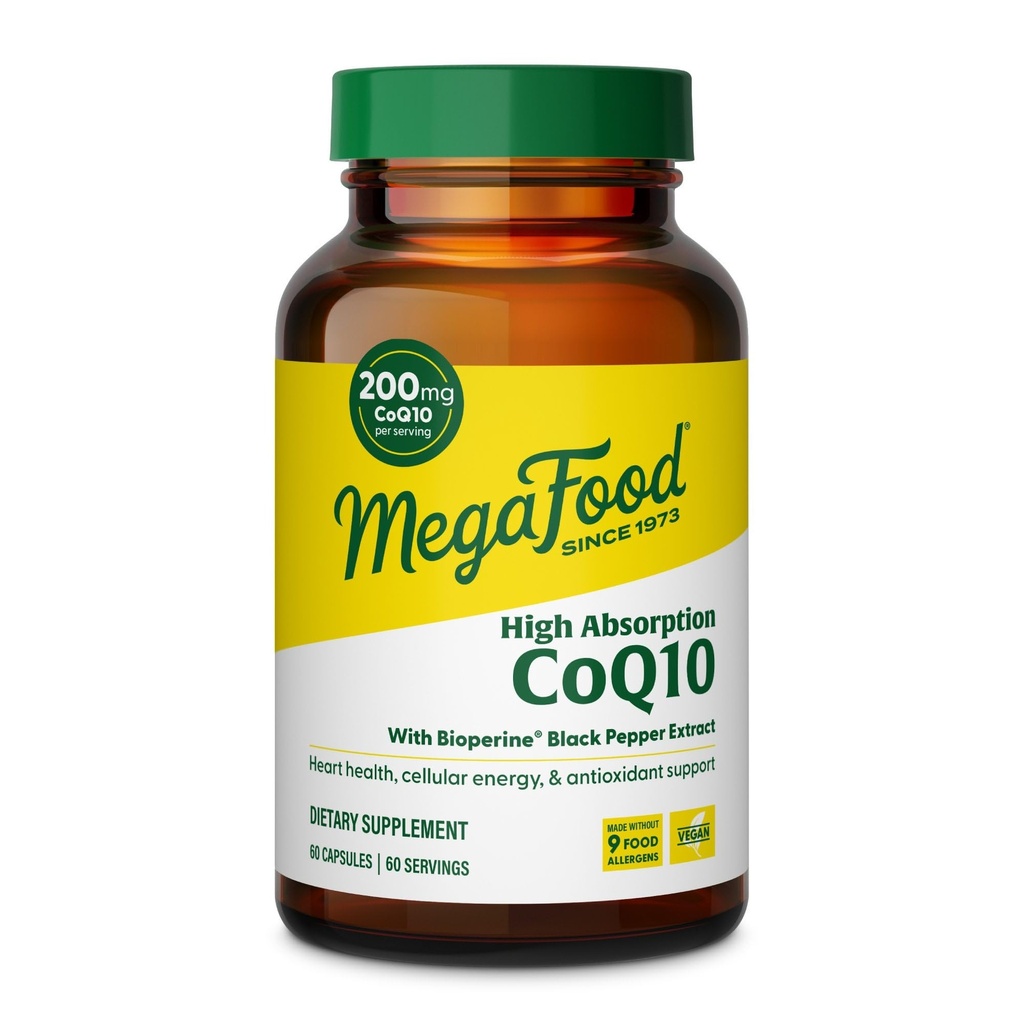 Mega Food High Absorption CoQ10 200 מ"ג פריר - עם bioPerine Black Pepper - תמיכה אנטי-חמצן עבור אנרגיה סלולרית והזדקנות בריאה - 60 בריאות הלב תוספי קפסולות, 60 משרתים