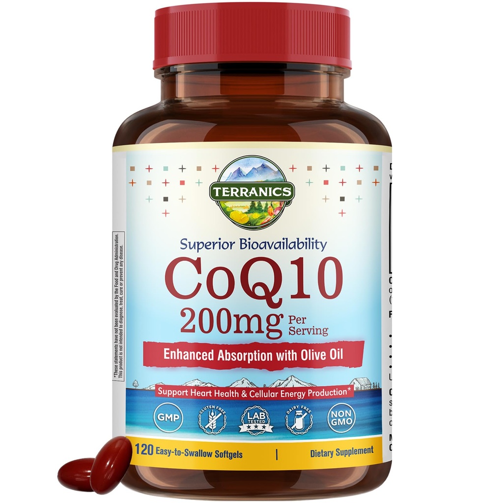Terranics CoQ10 200 מ"ג, Coenzyme Q10 תוספת שמן זית בתולה תוספת עבור Absorption משופרת, Made בארה"ב, תמיכה בריאות הלב, הגנה מפני חמצון, ייצור אנרגיה, non-GMO, 120 Softgels Softgels.